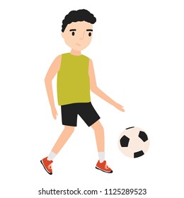 Funny little boy dressed in sportswear playing football or soccer isolated on white background. Sports game, physical activity for children. Colorful vector illustration in flat cartoon style.