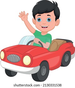 funny little boy driving toy car