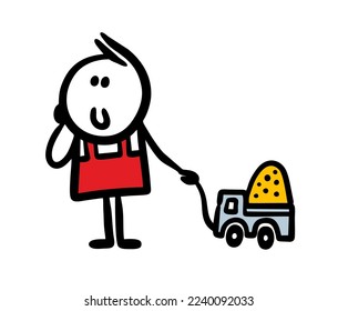 Funny little boy is driving a toy truck with sand in the back on a string. Vector illustration of  sweet kid hand drawn in doodle style.