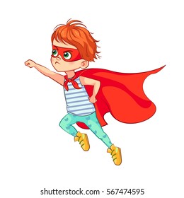 Funny little boy flies through the air in a classic Super hero pose with outstretched hand. Vector kid in super hero costume with a red mask on his face and with tied around the neck red cape.