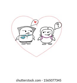 Funny little boy and little girl falling in love. Valentine's Day concept, Hand drawn cartoon cute doodle style.