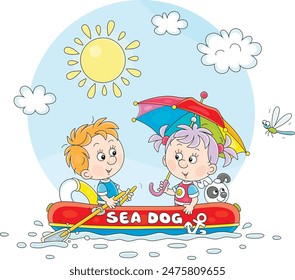 Divertido niño y niña con un cachorro alegre y un paraguas colorido montando en un bote inflable en un Pequeño lago en unas divertidas vacaciones de verano, ilustración de dibujos animados de Vector sobre un fondo blanco