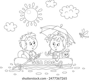 Divertido niño y niña con un cachorro alegre y un paraguas colorido montando en un bote inflable en un Pequeño lago en unas divertidas vacaciones de verano, Ilustración vectorial en blanco y negro para un libro para colorear