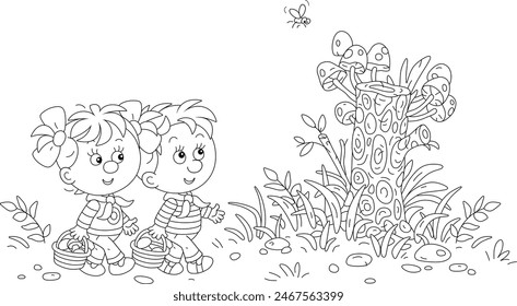 Funny little boy and girl mushroomers with their small baskets found many honey agaric mushrooms grown on an old tree stamp on a glade in a summer forest, black and white vector cartoon illustration