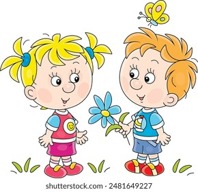 Funny little boy giving a beautiful blue flower to cute girl on a walk in a summer park, vector cartoon illustration on a white background