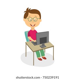 Funny little boy in glasses working, studying, playing on desktop computer, cartoon vector illustration isolated on white background. Teenage boy using, studying, playing on computer