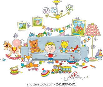 Funny little boy going to clear his room after fun and noisy games with friends and toys while parents are at work, vector cartoon illustration isolated on a white background