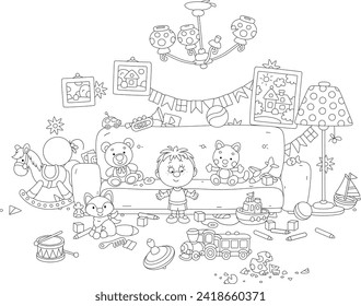 Funny little boy going to clear his room after fun and noisy games with friends and toys while parents are at work, black and white vector cartoon illustration for a coloring book