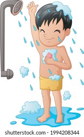 Funny little boy having bath with shower