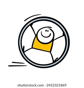 Funny little boy is having fun, playing a game, rolling in a wheel. A vector illustration of a stickman in a circus shows an acrobatic number. Isolated cartoon character on white background.