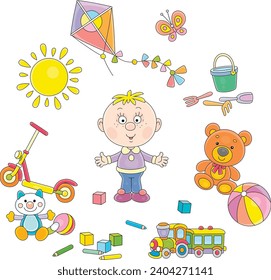 Funny little boy and his colorful toys for playing on a summer playground in a park, set of vector cartoon illustrations on a white background
