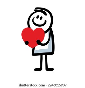 A funny little boy is holding a big heart in his hands as a Valentines Day gift. Vector illustration of a child and a box of chocolates in a romantic form.