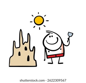 Funny little boy holds a dustpan and plays on the beach. Vector illustration a cartoon stickman in swimming trunks built a magnificent sand castle.