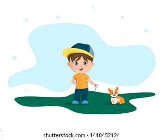 Сartoon funny little boy in jeans and cap with small dog. Flat vector illustration isolated on white