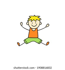 Funny little boy jumps. Cute kid drawing. Hand drawn vector illustration in doodle style on white background