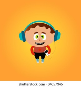 Funny little boy listening to a music