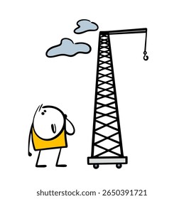 Funny  little boy looks at a huge construction crane. Vector illustration of a man at a construction site and cartoon  machine with a hook for lifting cargo to a height.