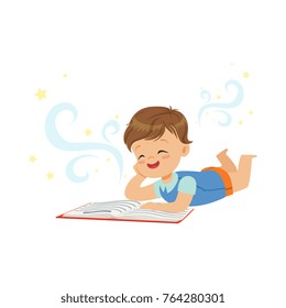 Funny little boy lying and reading magic book with fantasy stories. Interesting childhood and imagination concept. Isolated flat vector