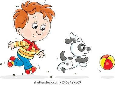 Funny little boy merrily running and playing with a playful small puppy and a ball on a playground, vector cartoon illustration on white