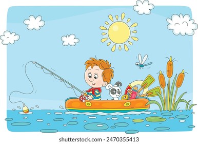 Niño divertido con un cachorro alegre flotando en un bote inflable con una caña de pescar y atrapar peces en un lago bastante rushy en un día soleado de verano en el campo, ilustración de dibujos animados de Vector