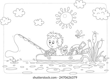 Niño divertido con un cachorro alegre flotando en un bote inflable con una caña de pescar y atrapar peces en un lago bastante rushy en un día soleado de verano en el campo, ilustración de dibujos animados de Vector