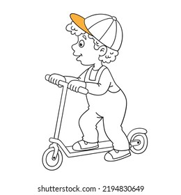 Funny little boy on a scooter. In cartoon style. Black and white picture with orange accent. Isolated on white background. Vector illustration. For coloring book. 