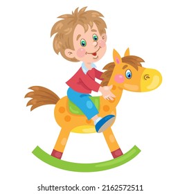 Funny little boy on a wooden rocking horse. In cartoon style. Isolated on white background. Vector flat illustration.