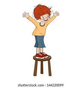 funny little boy perched on chair, vector illustration