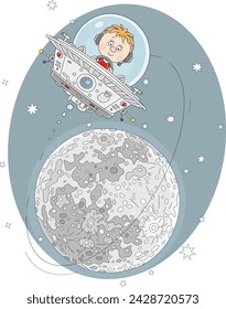 Funny little boy piloting a toy flying saucer circling Moon in planetary orbit, vector cartoon illustration