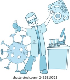 Funny little boy playing crazy scientist line vector illustration