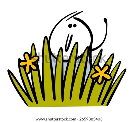 A funny little boy is playing hide-and-seek, peeking out from the bushes. Vector illustration of a stickman and tall grass with flowers in a field. A satisfied character waves his hand.