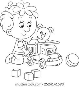 Funny little boy playing with a toy truck, a teddy bear and baby cubes, black and white outline vector cartoon illustration for a coloring book