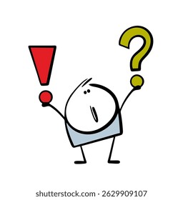 Funny little boy raised his hands and shows an exclamation mark and a question mark. A vector illustration of a cartoon stickman draws attention to important information.