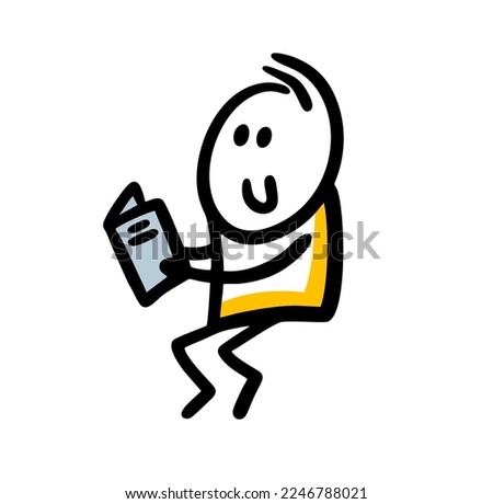 Funny little boy reader is sitting on the edge and holding a book in his hands. Vector illustration of a man reading in the library.