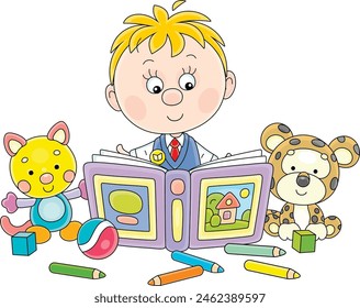 Funny little boy reading an interesting fairy tale book among his funny toys in a nursery room, vector cartoon illustration isolated on a white background