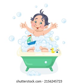 Funny little boy is sitting in the bath. Plays with soap foam, bubbles and a toy ship.  In cartoon style. Isolated on white background. Vector illustration