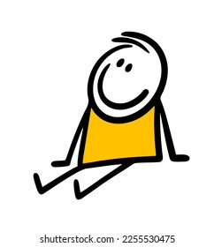 Funny little boy sitting carefree on the floor and smiling. Vector illustration of stick figure child.