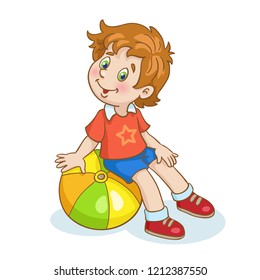 Funny little boy sitting on a big ball. In cartoon style. Isolated on white background. Vector illustration.