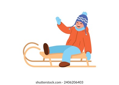 funny little boy sledding. Vector illustration flat