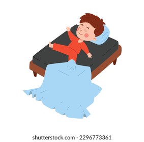 Funny little boy sleeping in bed with blanket on floor, flat vector illustration isolated on white background. Child relaxing in bed. Bedtime concept.