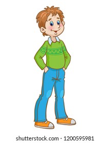 Funny little boy is standing with his hands in his pockets.  Isolated on white background. In cartoon style. Vector illustration.