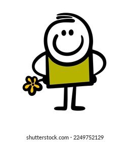 Funny little boy stands positively with a flower in his hand. Vector illustration of doodle hand drawn child in summer.