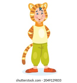 Funny little boy in a tiger costume. In cartoon style. Isolated on  white background. Vector flat illustration.