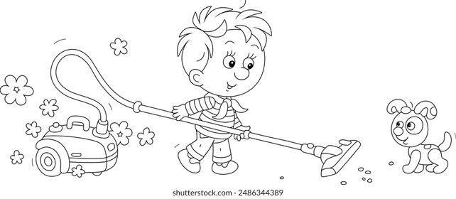 Niño pequeño divertido aspirando su habitación con una aspiradora, ilustración de dibujos animados de Vector blanco y negro para un libro para colorear