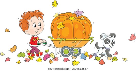 Funny little boy villager and his puppy wheeling a cart with a large orange pumpkin from an autumn garden, vector cartoon illustration isolated on a white background