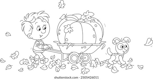 Funny little boy villager and his puppy wheeling a cart with a large pumpkin from an autumn garden, black and white vector cartoon illustration for a coloring book page