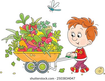 Funny little boy wheeling his cart full of fresh ripe vegetables from an autumnal garden in countryside, vector cartoon illustration isolated on a white background