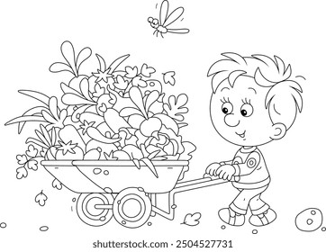 Funny little boy wheeling his cart full of fresh ripe vegetables from an autumnal garden in countryside, black and white vector cartoon illustration for a coloring book page