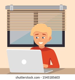Funny little boy working, studying, playing on desktop computer, cartoon vector illustration isolated on white background. Teenage boy using, studying, playing on computer