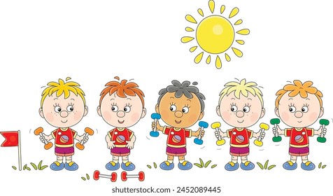 Niños pequeños divertidos en ropa deportiva de colores haciendo ejercicios matutinos con Pequeñas mancuernas en un césped soleado de verano, Ilustración vectorial sobre un fondo blanco